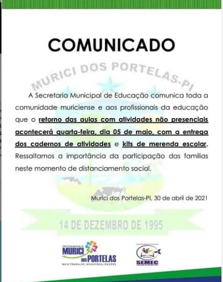 Educação de Murici dos Portelas lança comunicado